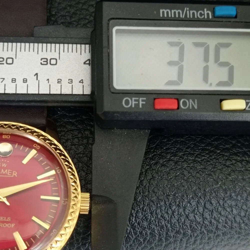 Vintage 1977 Roamer Manual Mens Gold Watch W/Leather Strap & Red accents